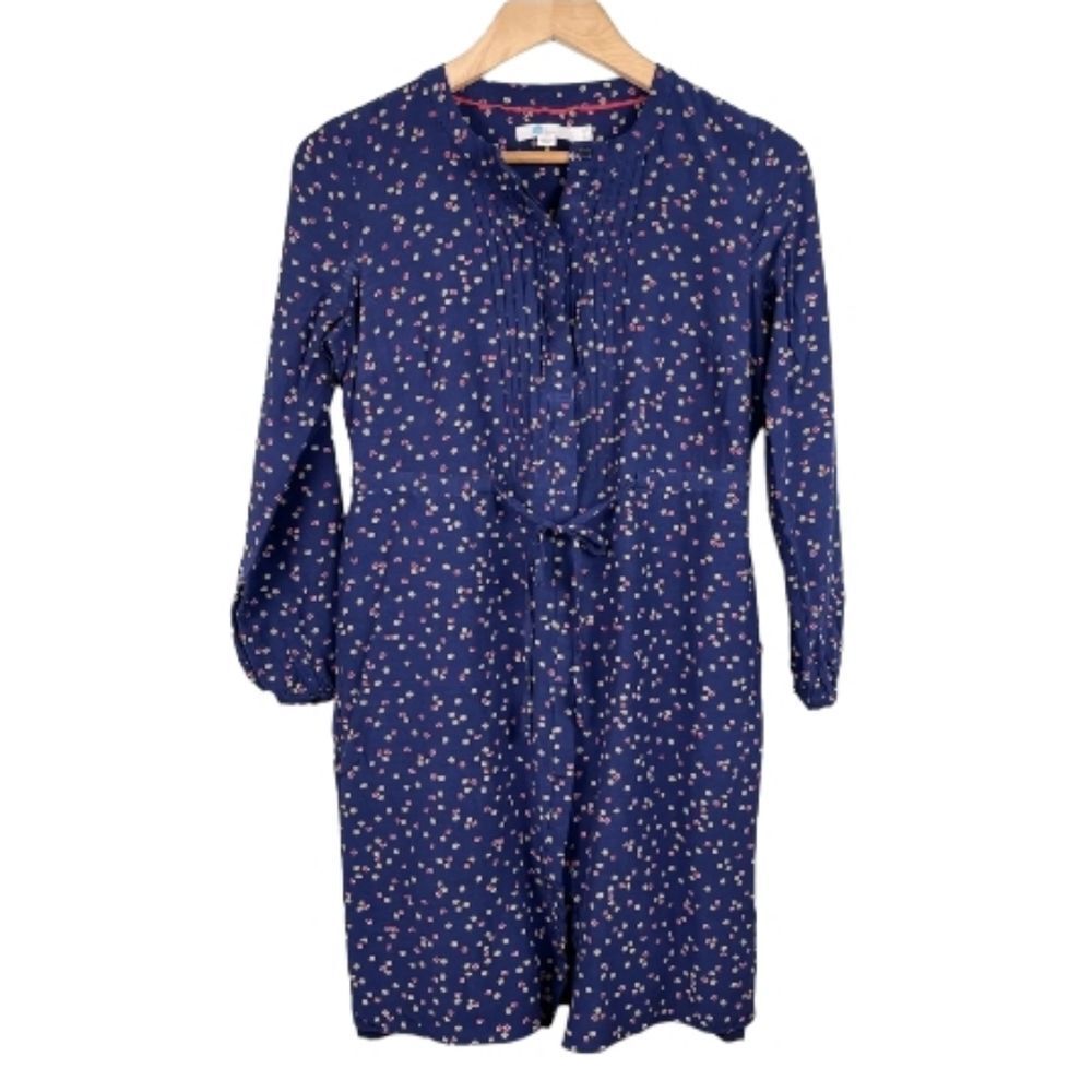 {Boden} Navy Floral Print Button Front Tie Waist Shirt Dress